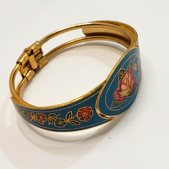Vintage Cloisonné Rose & Butterfly Gold Tone Bracelet - Picture 2 of 5